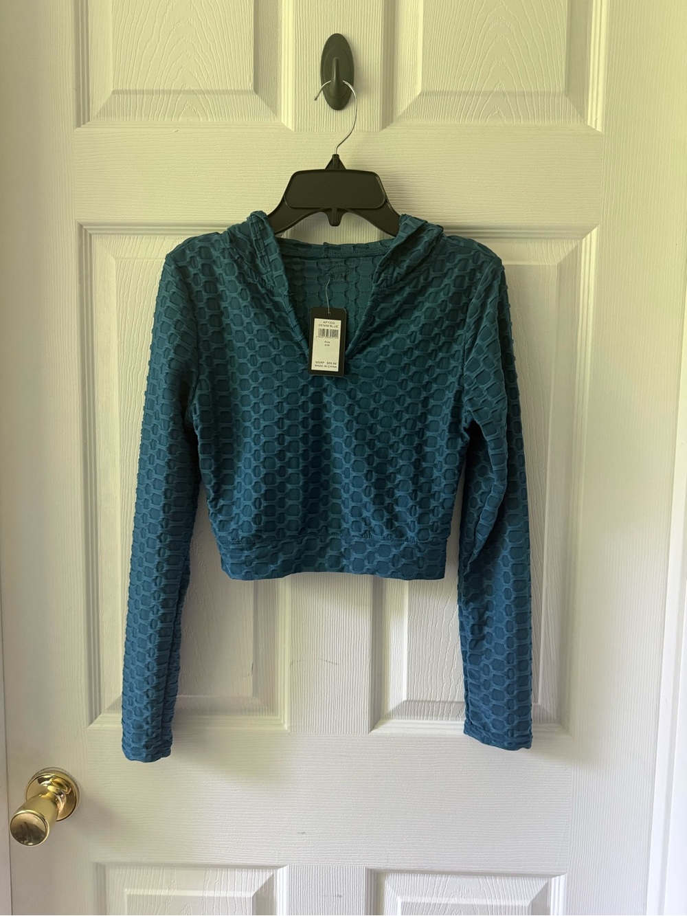 Teal Textured Cropped Hoodie - Women Tops